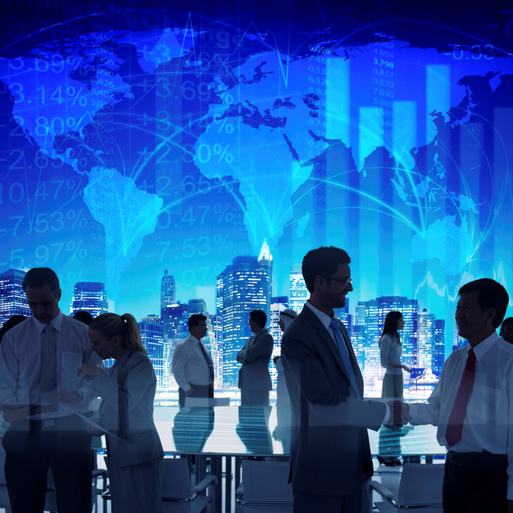 Business professionals networking and shaking hands in front of a city skyline with a digital world map representing a robust global logistics network."